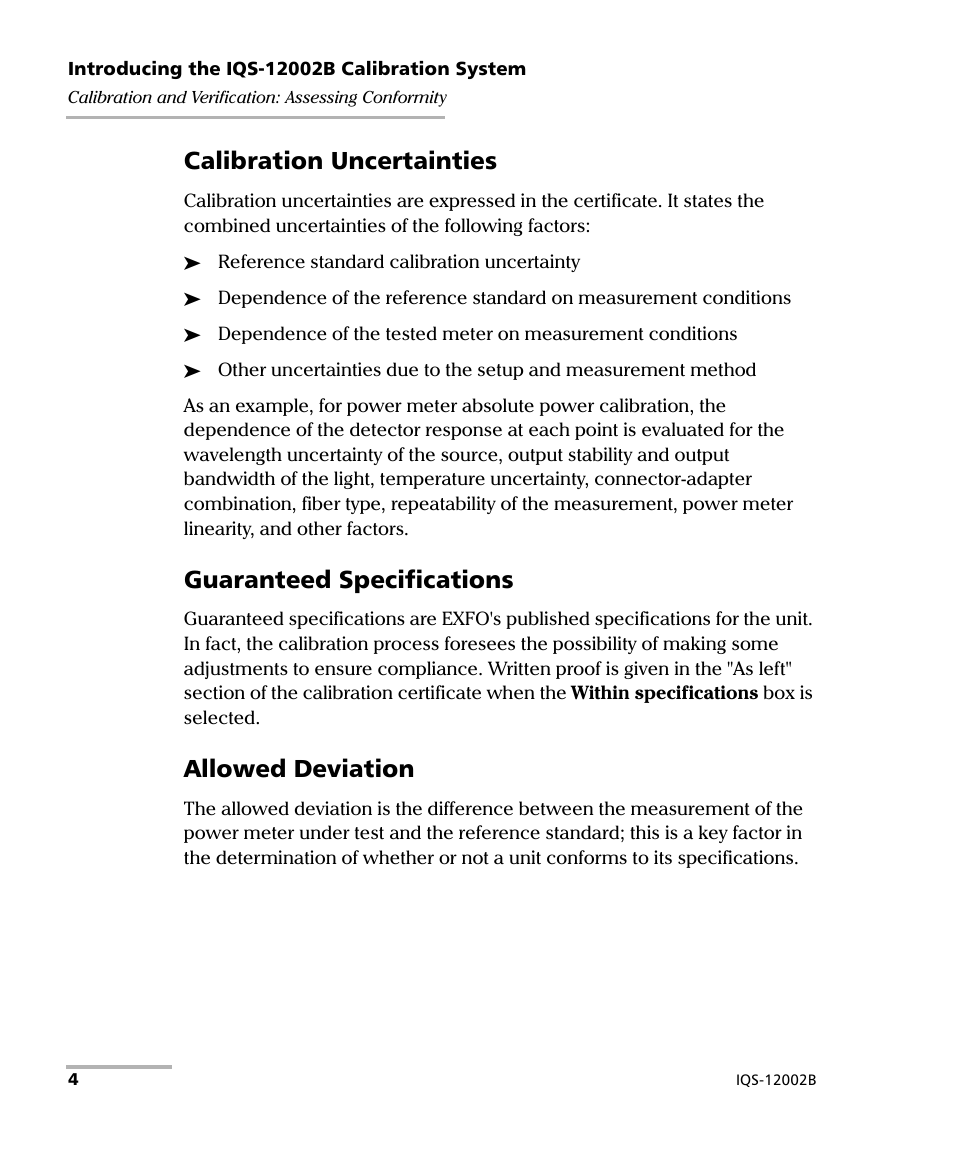 Calibration uncertainties, Guaranteed specifications, Allowed deviation | EXFO IQS-12002B Calibration System User Manual | Page 8 / 108