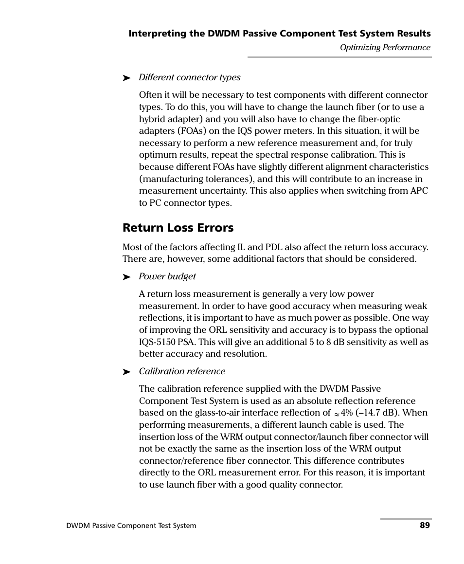 Return loss errors | EXFO IQS-12004B DWDM Passive Component Test System for IQS-500 User Manual | Page 101 / 437
