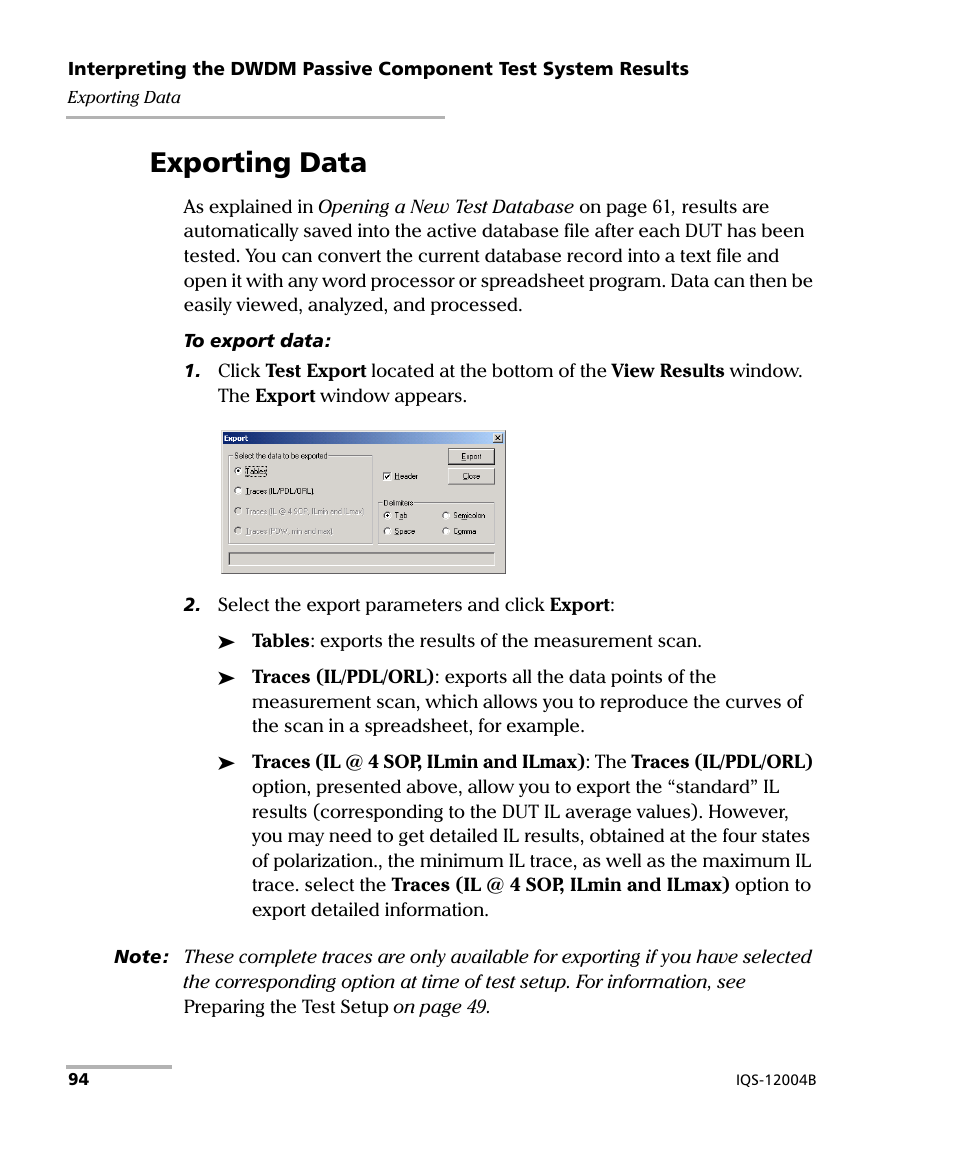 Exporting data | EXFO IQS-12004B DWDM Passive Component Test System for IQS-500 User Manual | Page 106 / 437