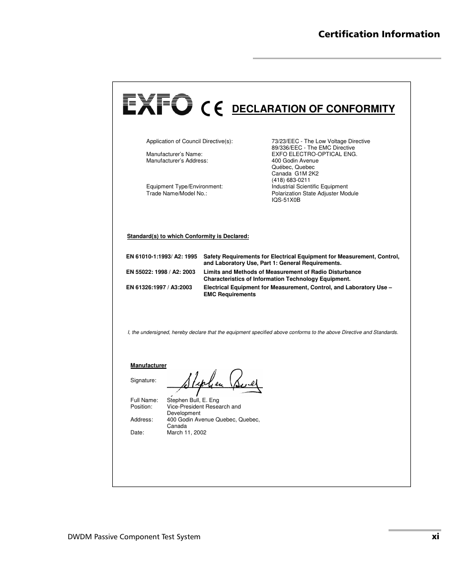 Declaration of conformity, Certification information | EXFO IQS-12004B DWDM Passive Component Test System for IQS-500 User Manual | Page 11 / 437