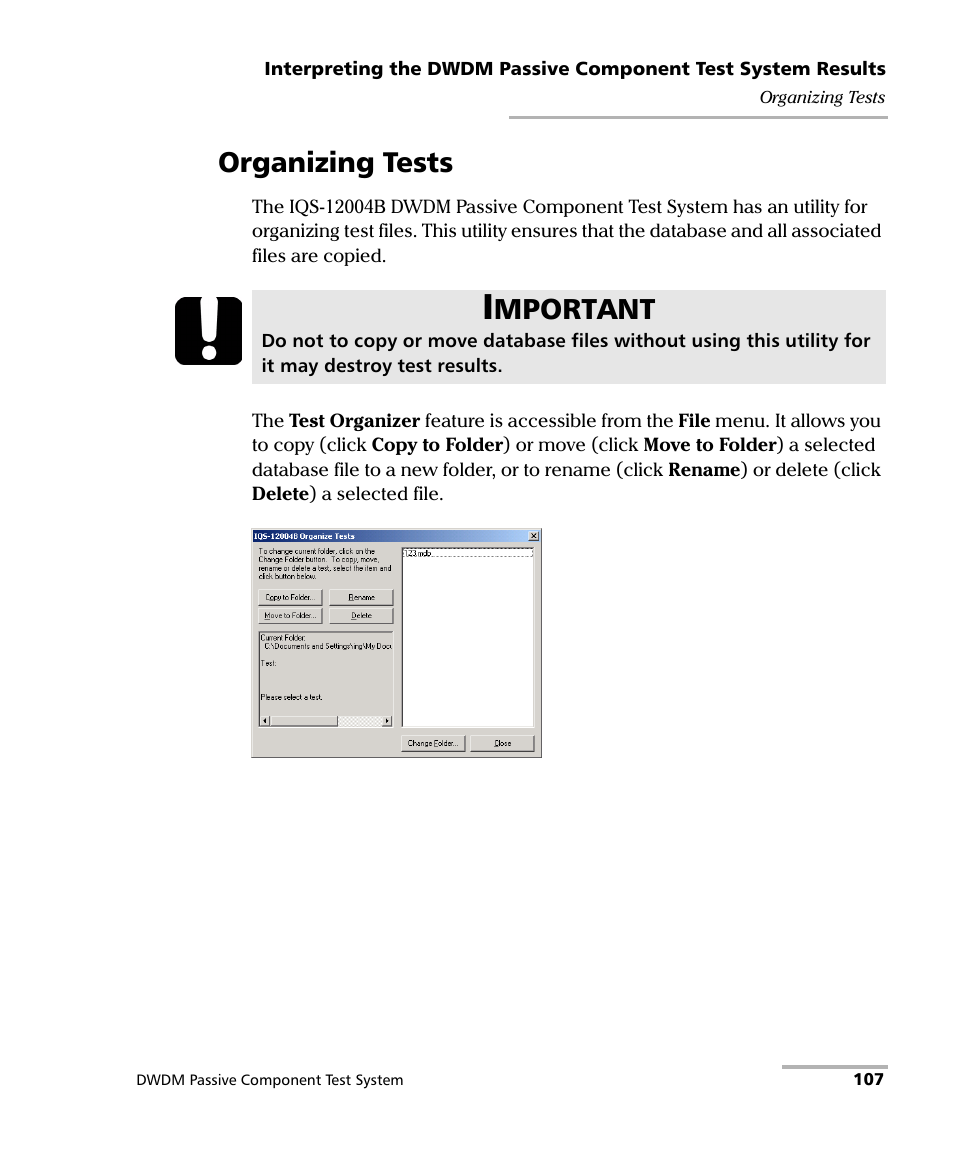 Organizing tests, Mportant | EXFO IQS-12004B DWDM Passive Component Test System for IQS-500 User Manual | Page 119 / 437