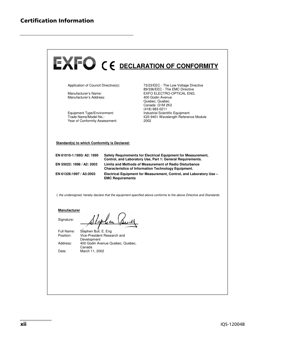 Declaration of conformity, Certification information | EXFO IQS-12004B DWDM Passive Component Test System for IQS-500 User Manual | Page 12 / 437