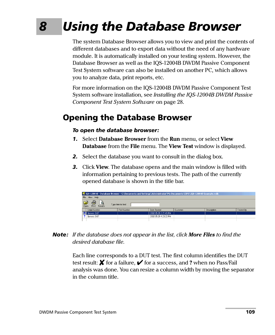 8 using the database browser, Opening the database browser, 8using the database browser | EXFO IQS-12004B DWDM Passive Component Test System for IQS-500 User Manual | Page 121 / 437