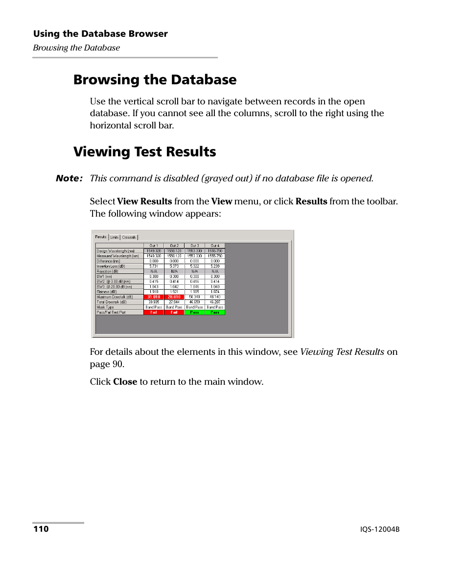 Browsing the database, Viewing test results, Browsing the database viewing test results | EXFO IQS-12004B DWDM Passive Component Test System for IQS-500 User Manual | Page 122 / 437