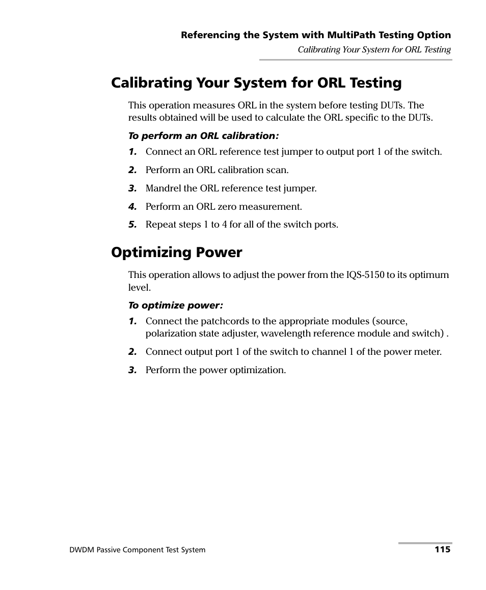 Calibrating your system for orl testing, Optimizing power | EXFO IQS-12004B DWDM Passive Component Test System for IQS-500 User Manual | Page 127 / 437