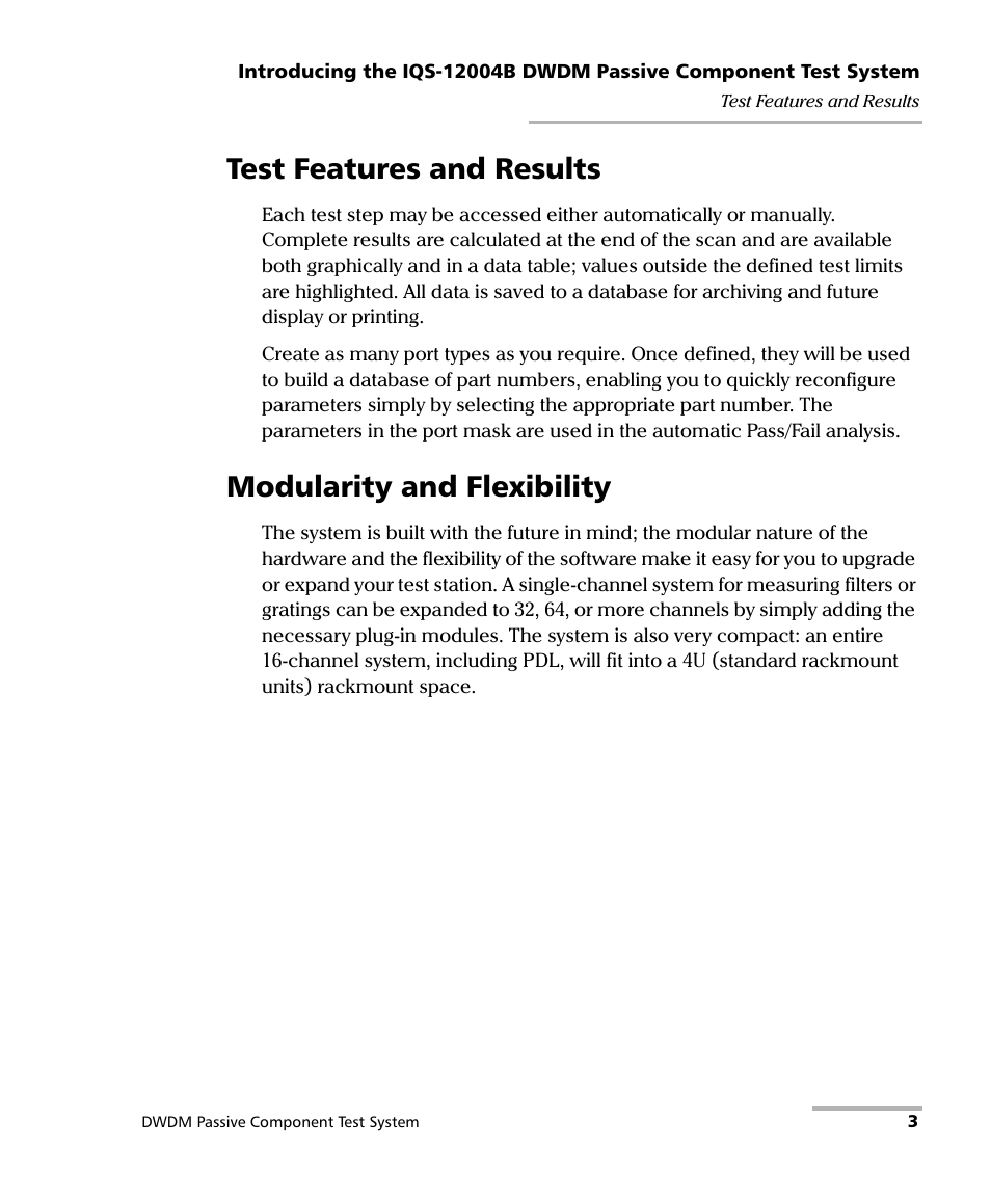 Test features and results, Modularity and flexibility | EXFO IQS-12004B DWDM Passive Component Test System for IQS-500 User Manual | Page 15 / 437