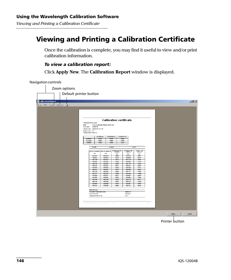 Viewing and printing a calibration certificate | EXFO IQS-12004B DWDM Passive Component Test System for IQS-500 User Manual | Page 158 / 437