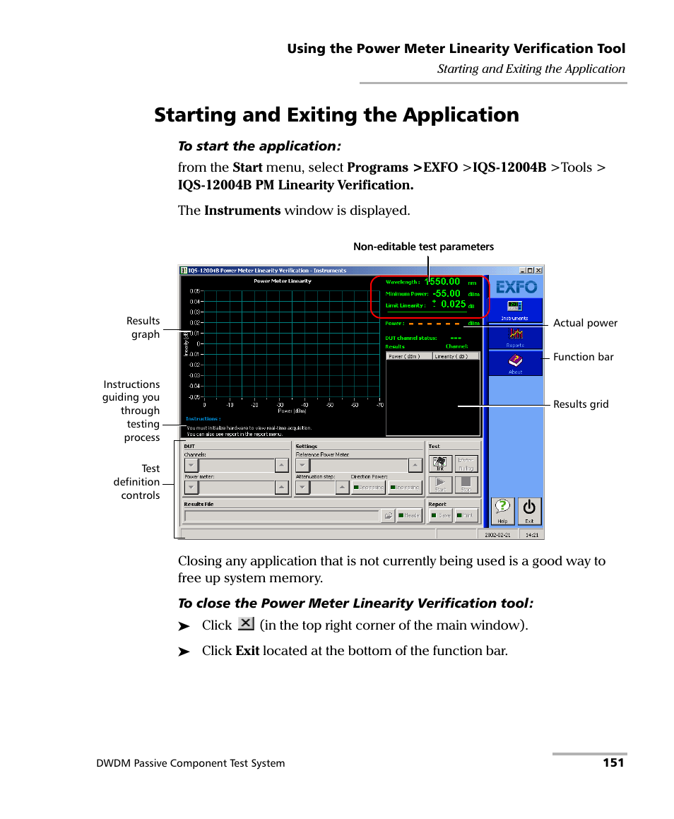 Starting and exiting the application | EXFO IQS-12004B DWDM Passive Component Test System for IQS-500 User Manual | Page 163 / 437