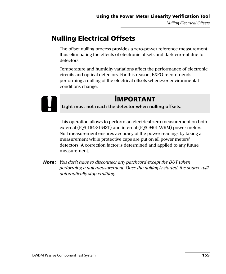 Nulling electrical offsets, Mportant | EXFO IQS-12004B DWDM Passive Component Test System for IQS-500 User Manual | Page 167 / 437