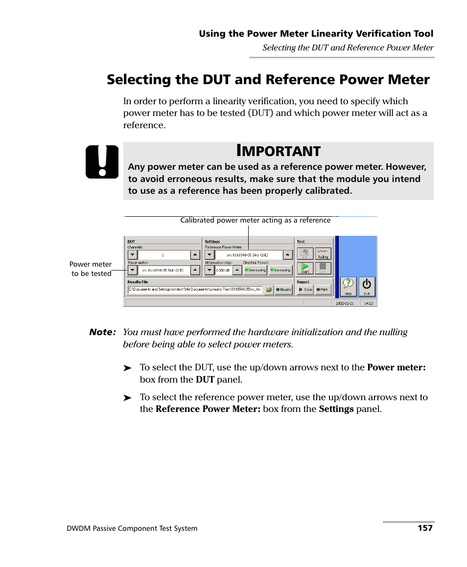 Selecting the dut and reference power meter, Mportant | EXFO IQS-12004B DWDM Passive Component Test System for IQS-500 User Manual | Page 169 / 437
