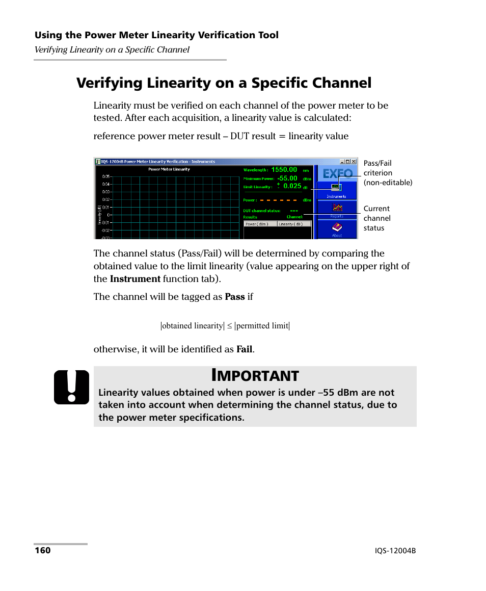 Verifying linearity on a specific channel, Mportant | EXFO IQS-12004B DWDM Passive Component Test System for IQS-500 User Manual | Page 172 / 437