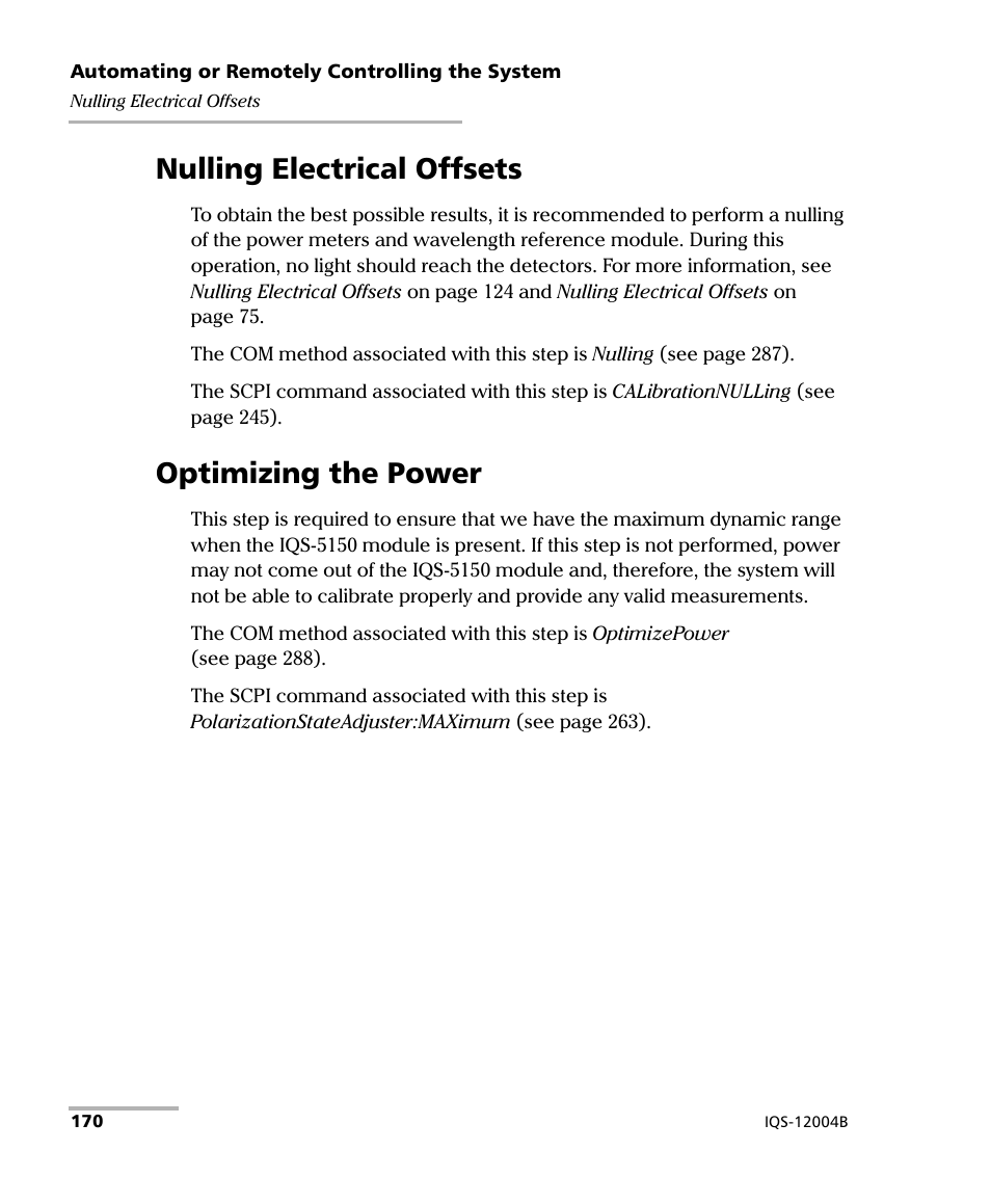 Nulling electrical offsets, Optimizing the power, Nulling electrical offsets optimizing the power | EXFO IQS-12004B DWDM Passive Component Test System for IQS-500 User Manual | Page 182 / 437