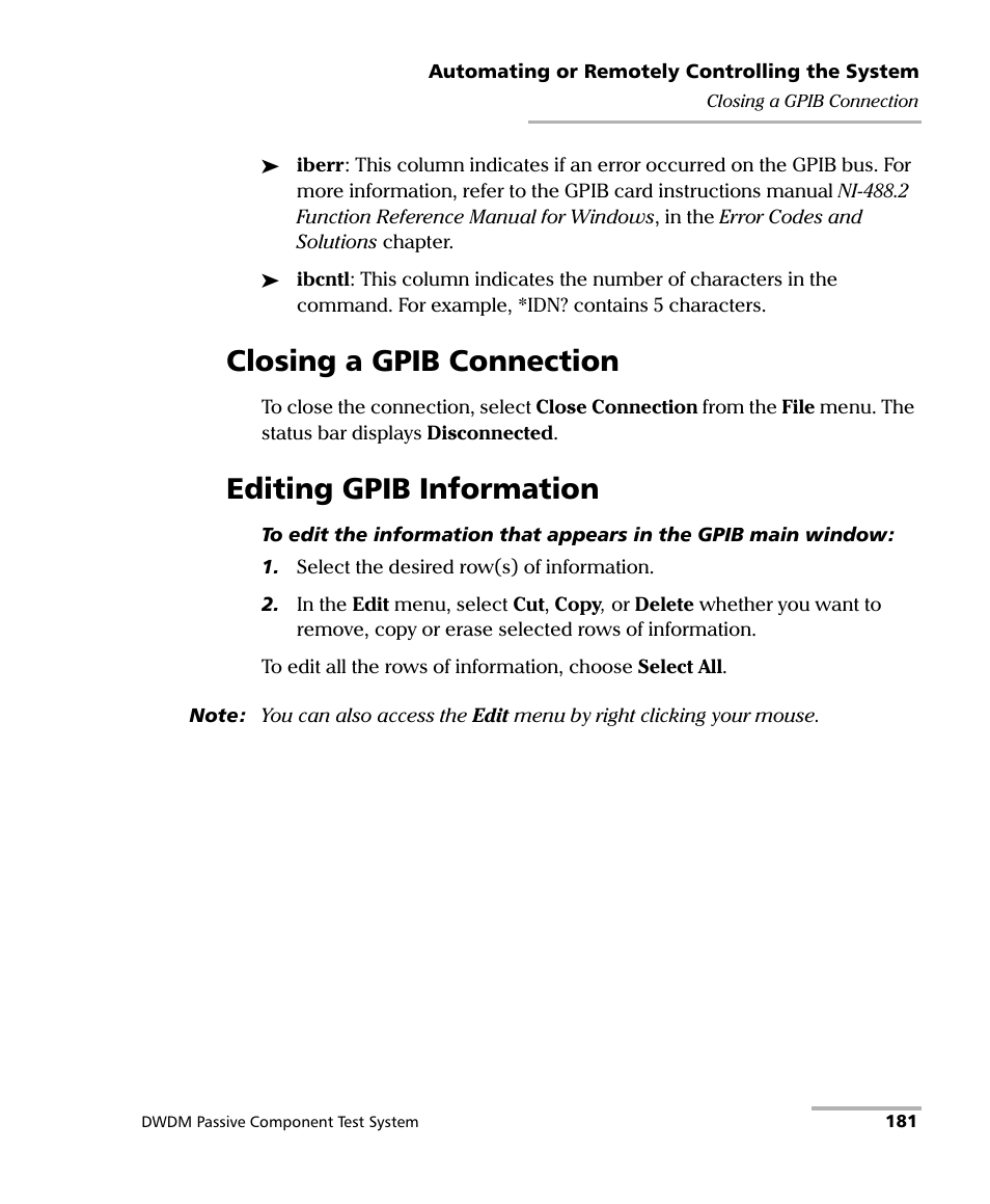 Closing a gpib connection, Editing gpib information, Closing a gpib connection editing gpib information | EXFO IQS-12004B DWDM Passive Component Test System for IQS-500 User Manual | Page 193 / 437