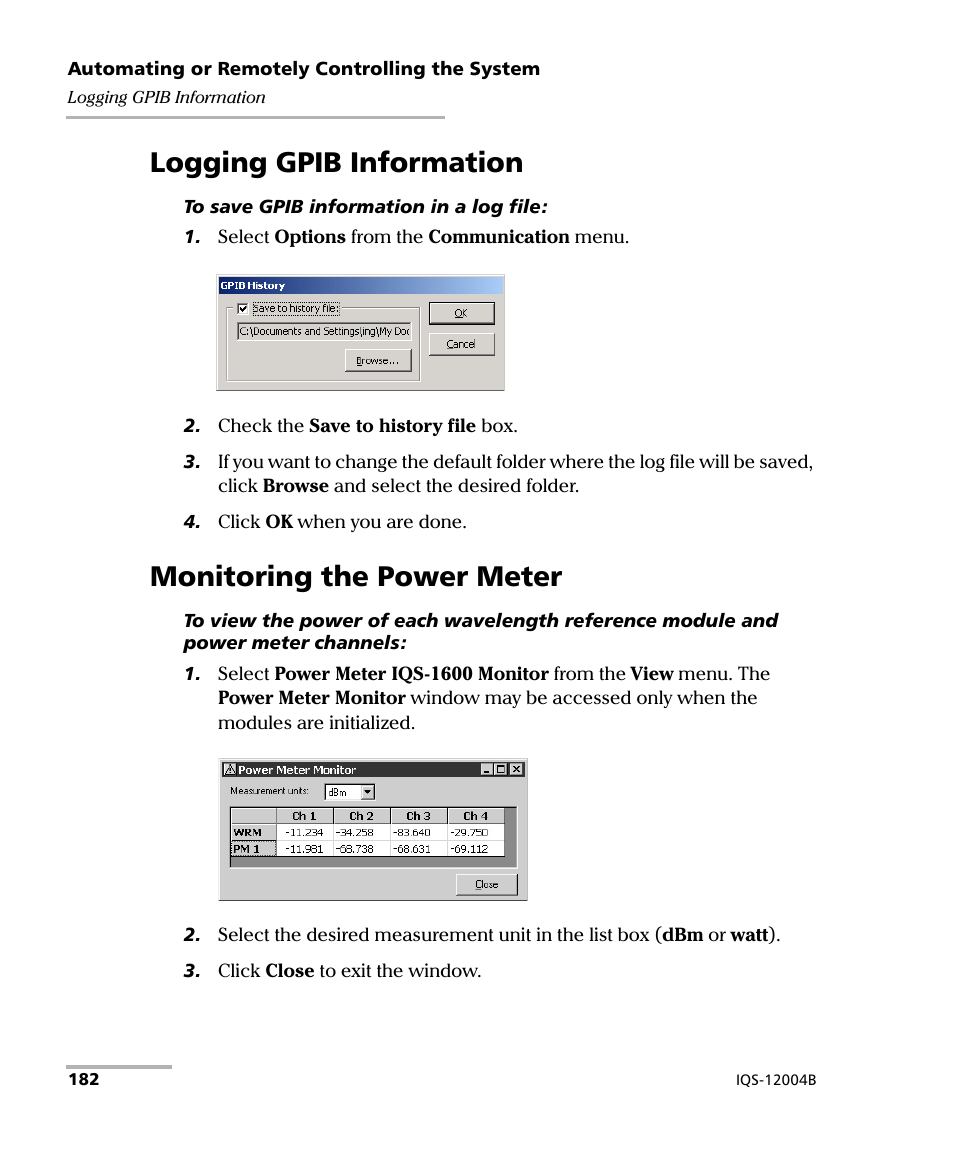 Logging gpib information, Monitoring the power meter | EXFO IQS-12004B DWDM Passive Component Test System for IQS-500 User Manual | Page 194 / 437