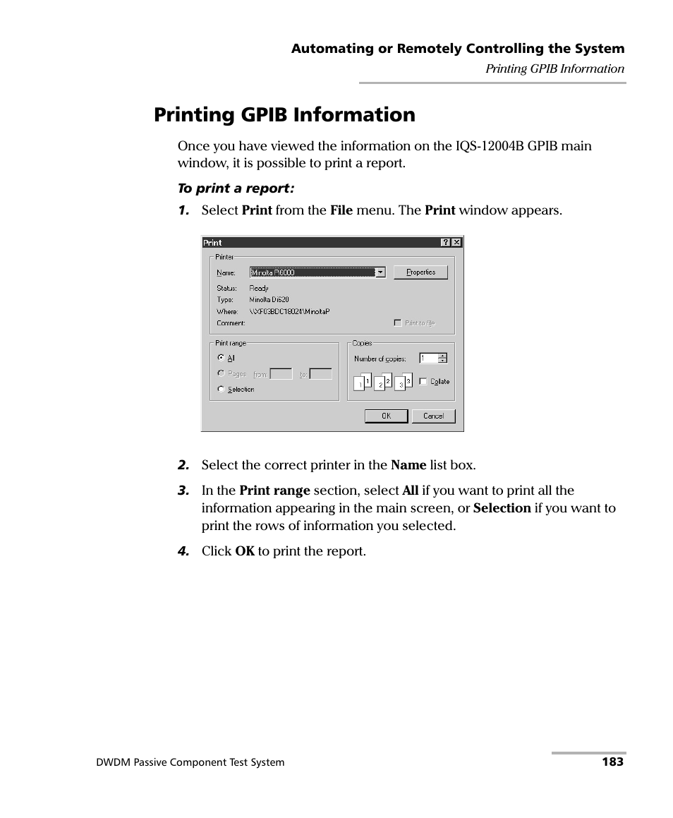 Printing gpib information | EXFO IQS-12004B DWDM Passive Component Test System for IQS-500 User Manual | Page 195 / 437