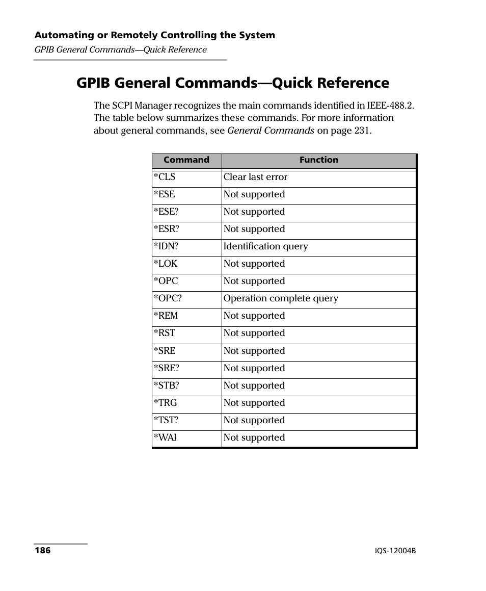 Gpib general commands-quick reference, Gpib general commands—quick reference | EXFO IQS-12004B DWDM Passive Component Test System for IQS-500 User Manual | Page 198 / 437