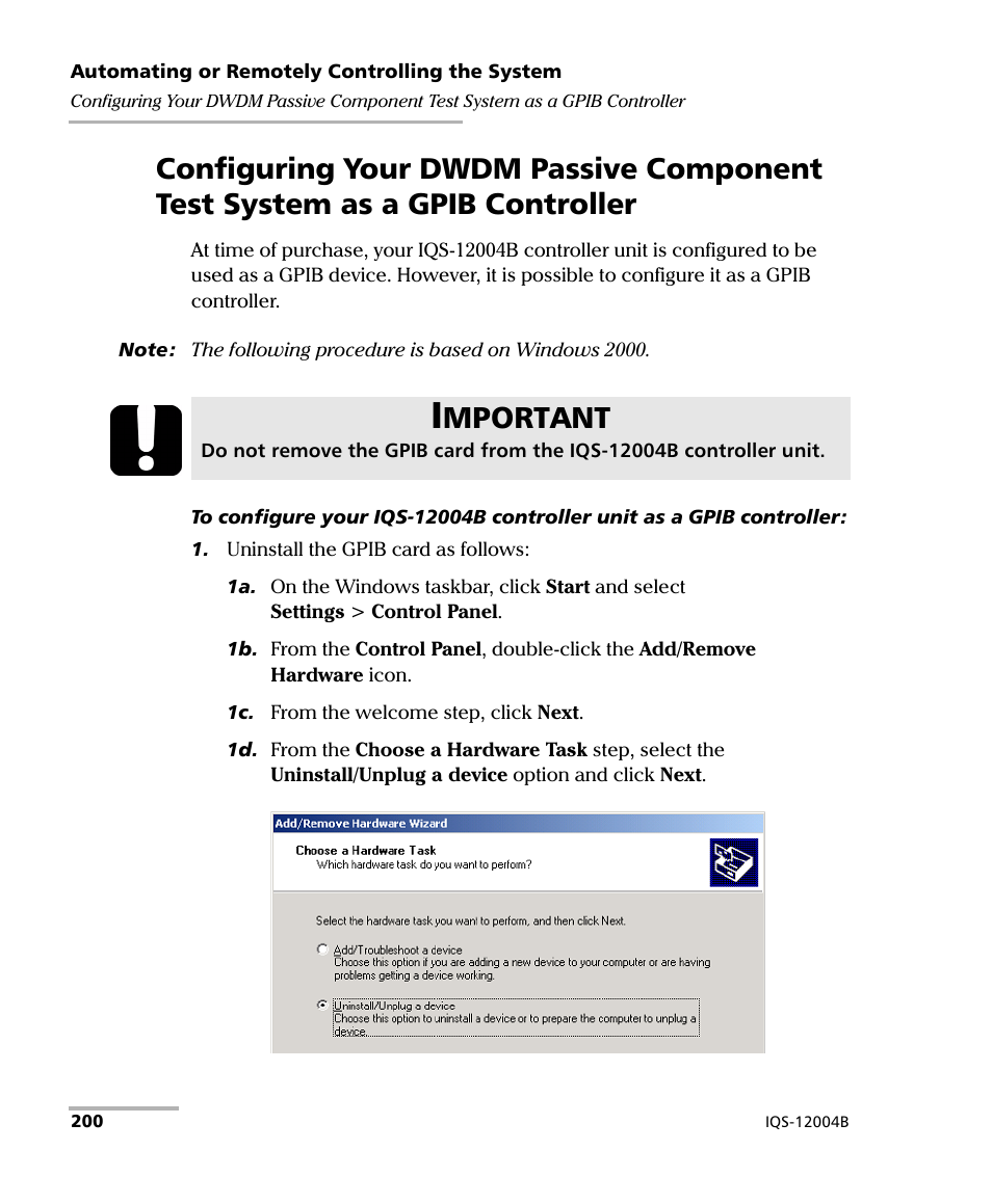 Mportant | EXFO IQS-12004B DWDM Passive Component Test System for IQS-500 User Manual | Page 212 / 437