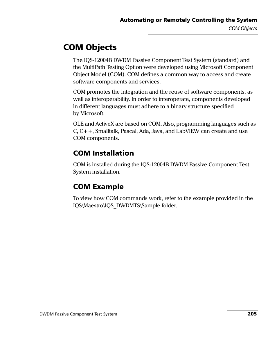 Com objects, Com installation, Com example | EXFO IQS-12004B DWDM Passive Component Test System for IQS-500 User Manual | Page 217 / 437