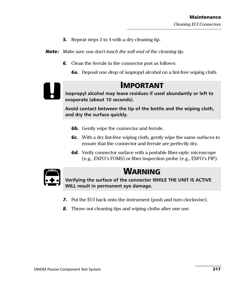 Mportant, Arning | EXFO IQS-12004B DWDM Passive Component Test System for IQS-500 User Manual | Page 229 / 437