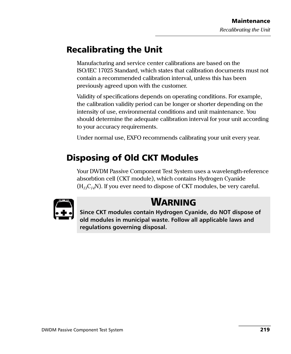 Recalibrating the unit, Disposing of old ckt modules, Arning | EXFO IQS-12004B DWDM Passive Component Test System for IQS-500 User Manual | Page 231 / 437