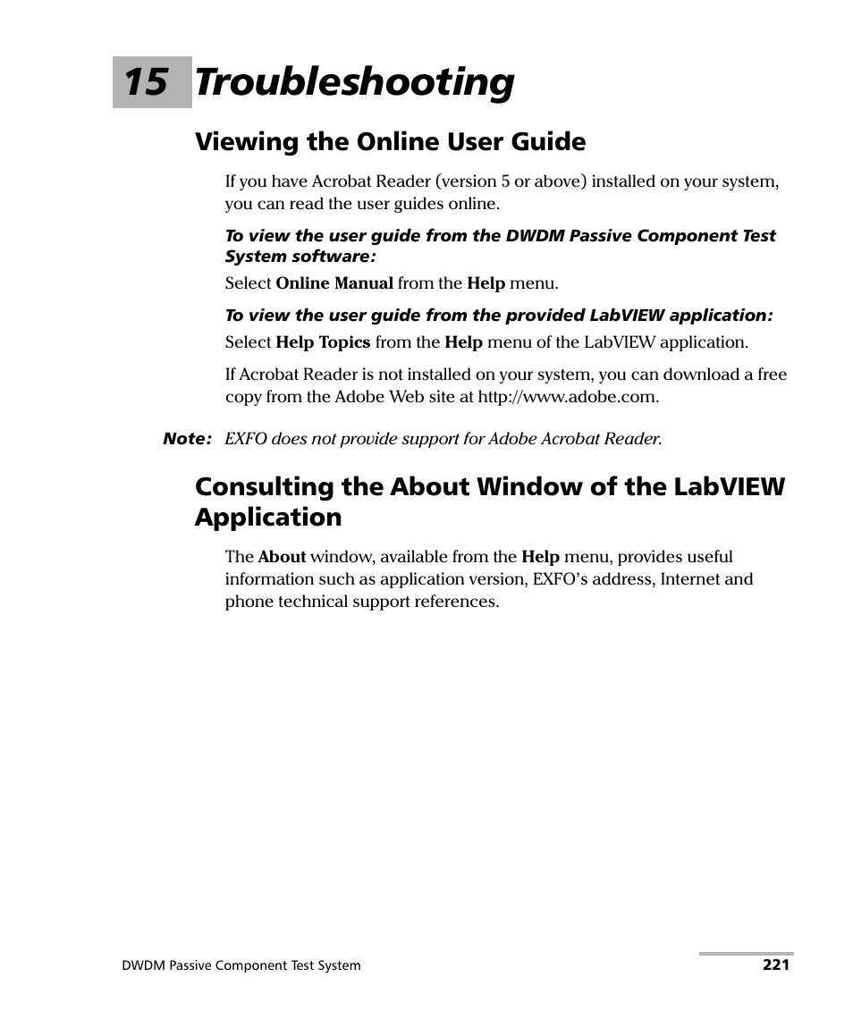 15 troubleshooting, Viewing the online user guide | EXFO IQS-12004B DWDM Passive Component Test System for IQS-500 User Manual | Page 233 / 437
