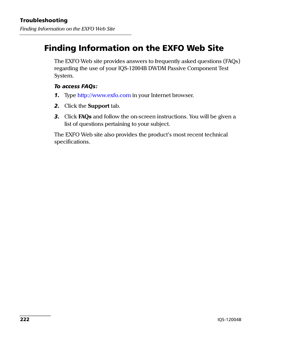 Finding information on the exfo web site | EXFO IQS-12004B DWDM Passive Component Test System for IQS-500 User Manual | Page 234 / 437