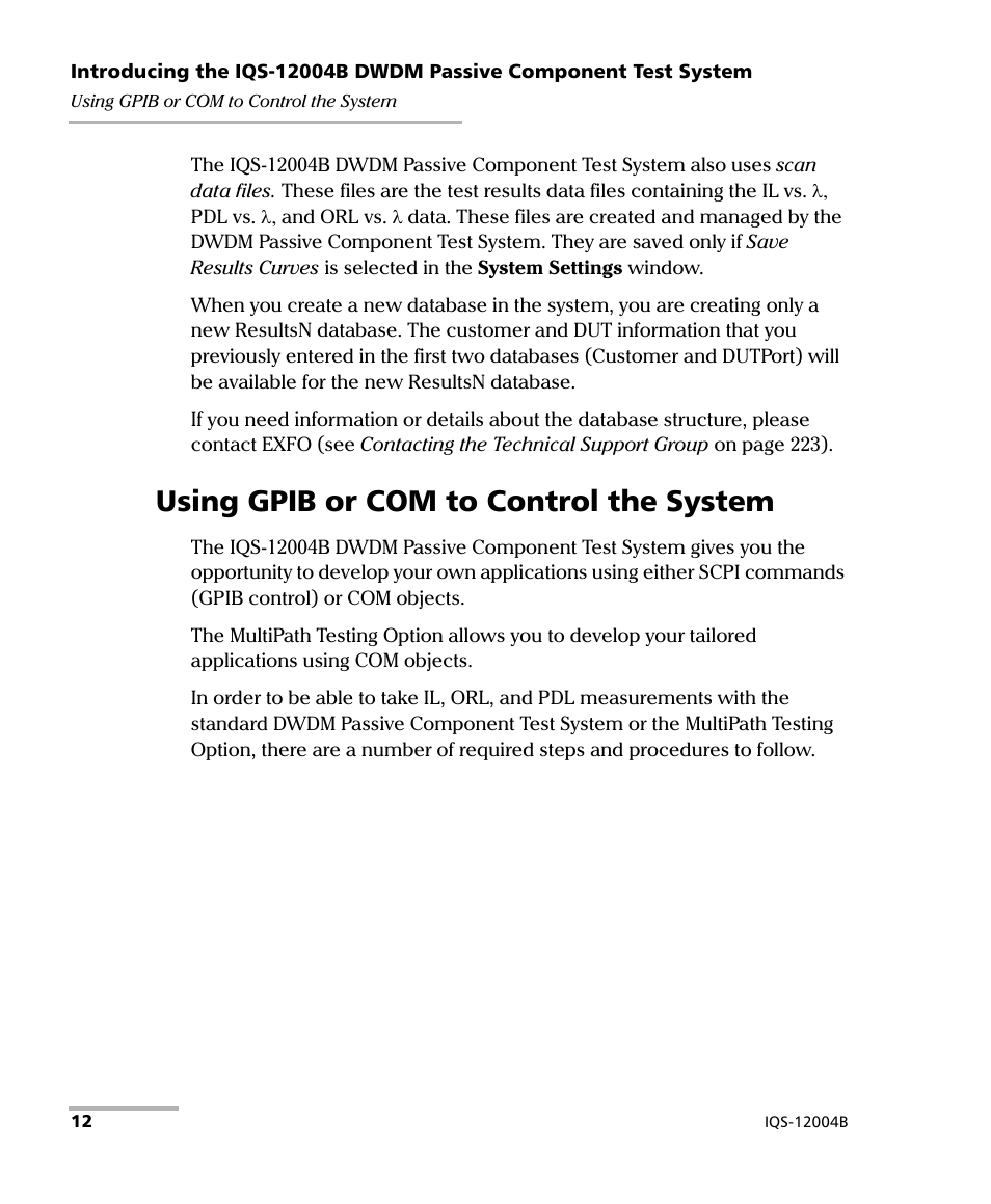 Using gpib or com to control the system | EXFO IQS-12004B DWDM Passive Component Test System for IQS-500 User Manual | Page 24 / 437