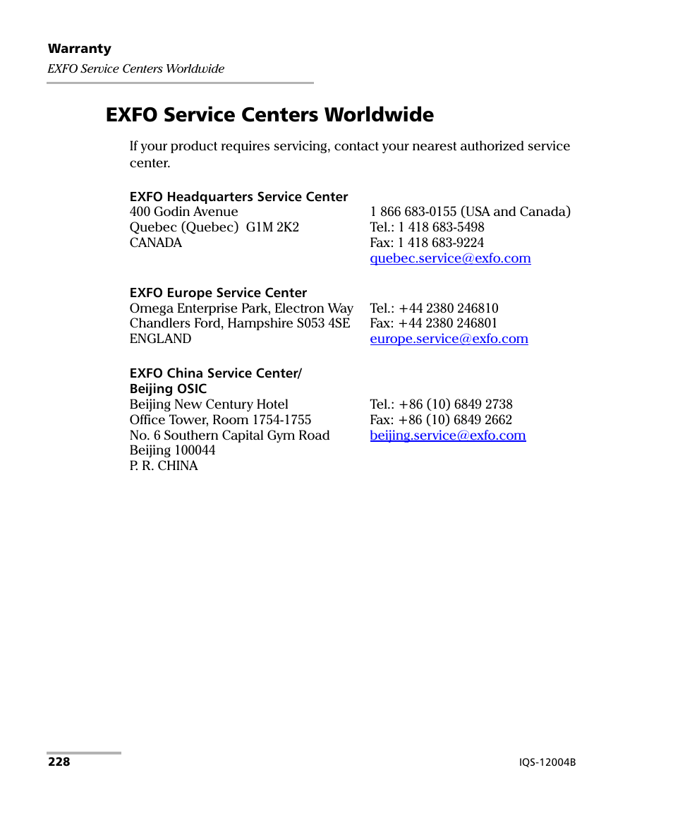 Exfo service centers worldwide | EXFO IQS-12004B DWDM Passive Component Test System for IQS-500 User Manual | Page 240 / 437