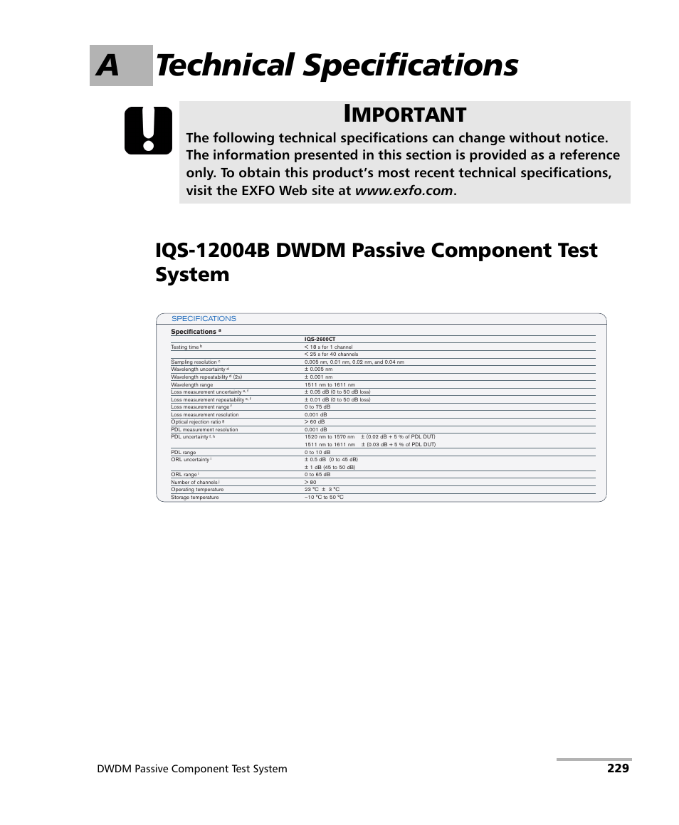 A technical specifications, Iqs-12004b dwdm passive component test system, Mportant | Dwdm passive component test system | EXFO IQS-12004B DWDM Passive Component Test System for IQS-500 User Manual | Page 241 / 437