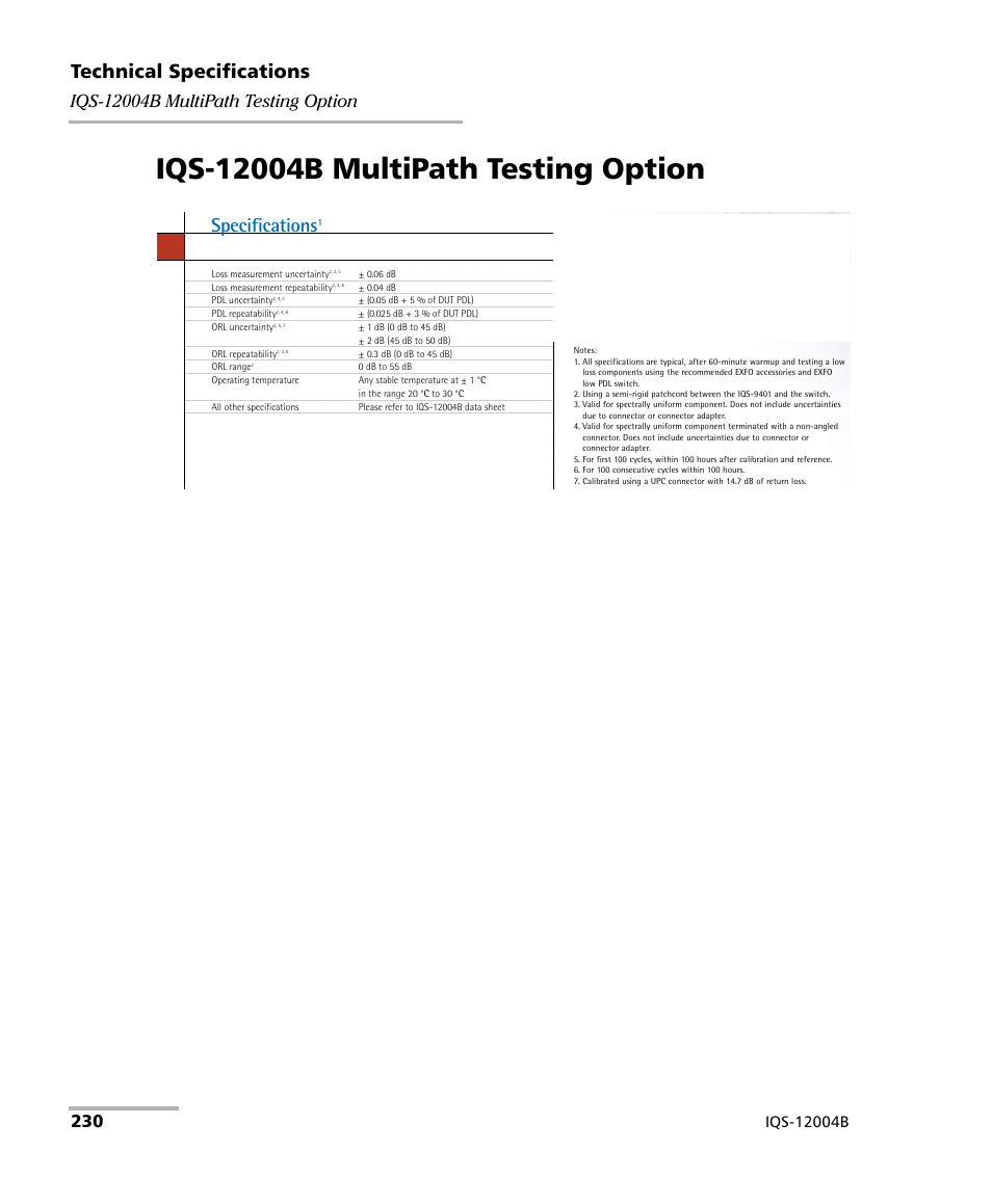 Iqs-12004b multipath testing option, Technical specifications, Specifications | EXFO IQS-12004B DWDM Passive Component Test System for IQS-500 User Manual | Page 242 / 437