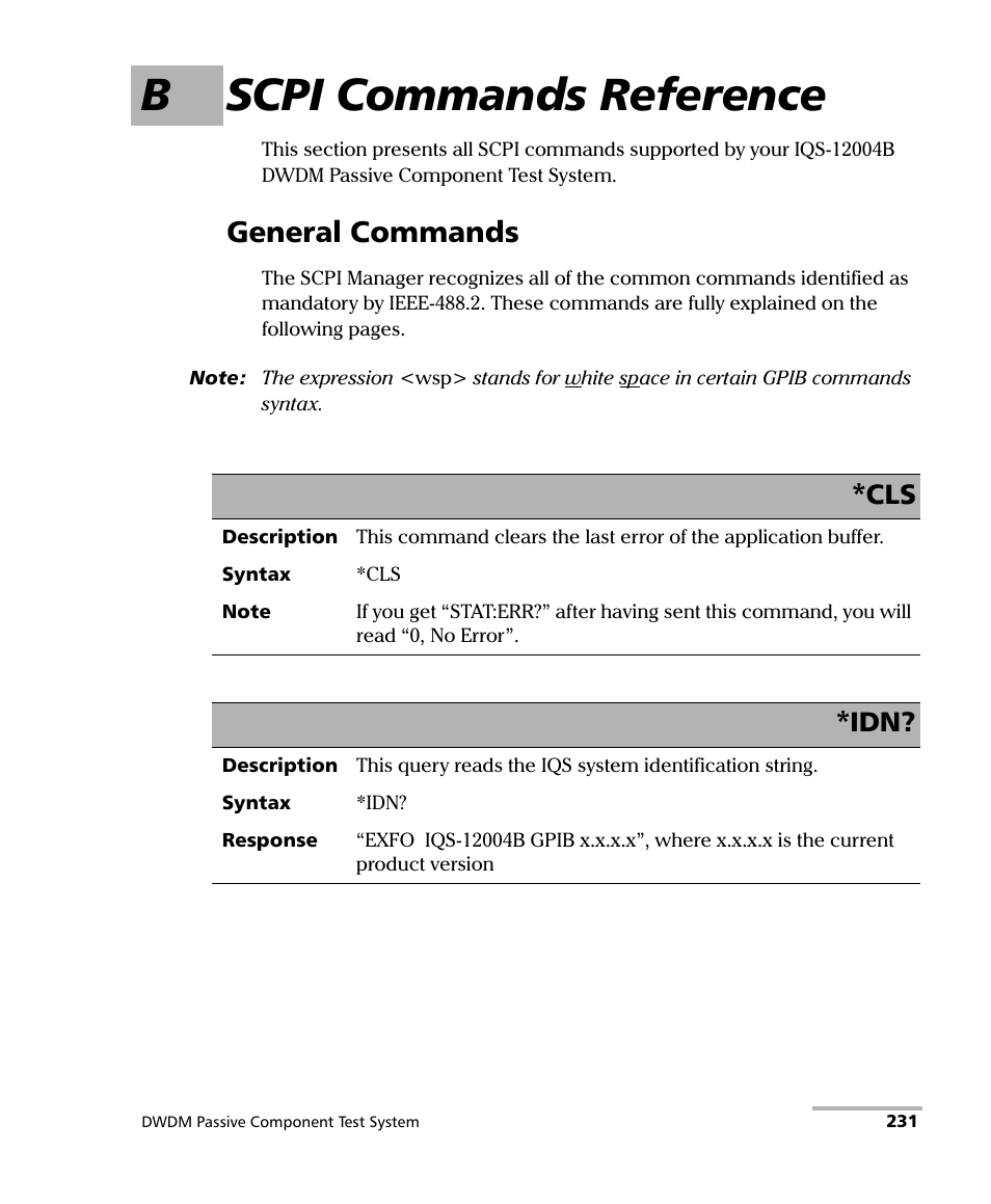 B scpi commands reference, General commands | EXFO IQS-12004B DWDM Passive Component Test System for IQS-500 User Manual | Page 243 / 437