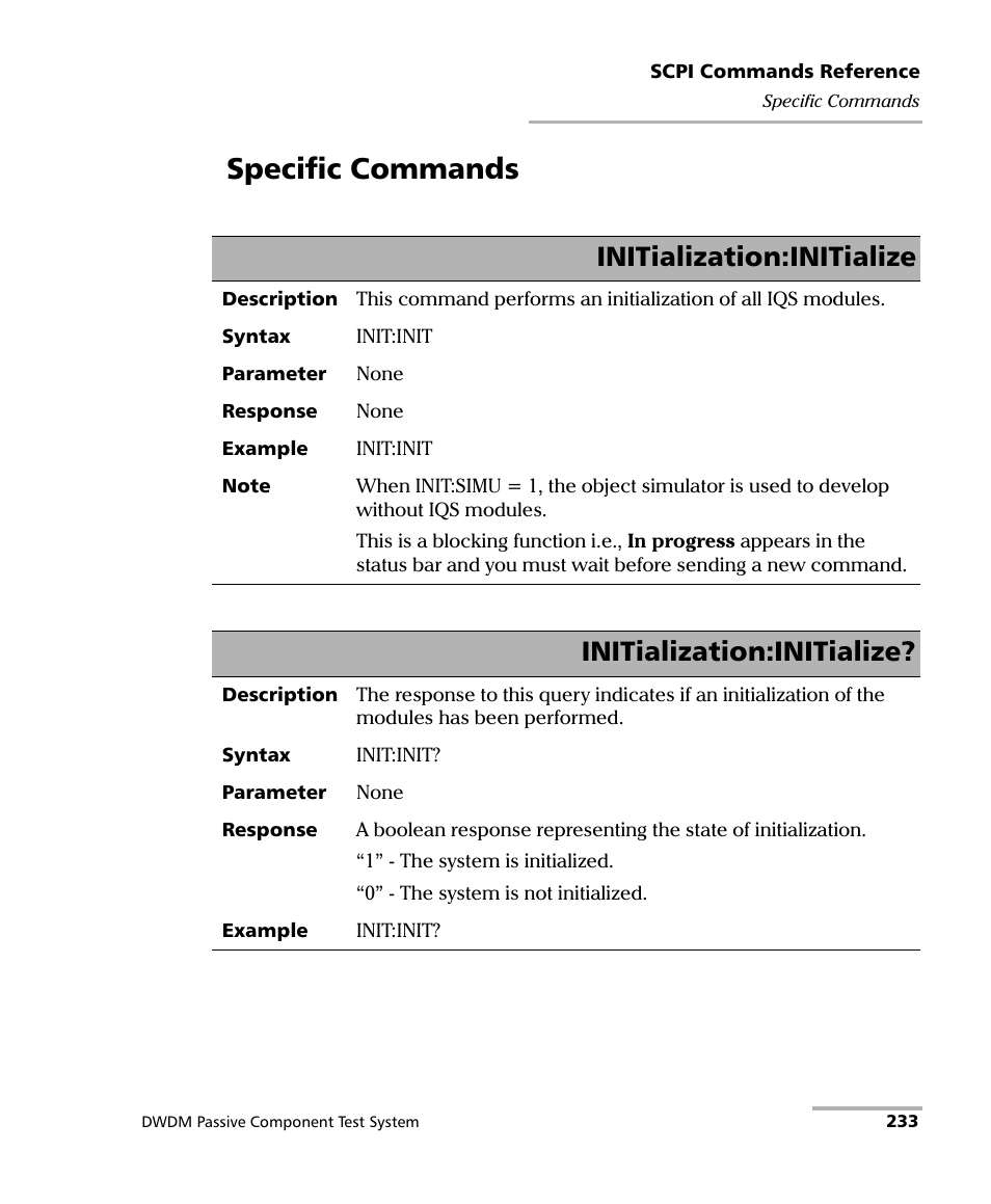 Specific commands, Initialization:initialize | EXFO IQS-12004B DWDM Passive Component Test System for IQS-500 User Manual | Page 245 / 437