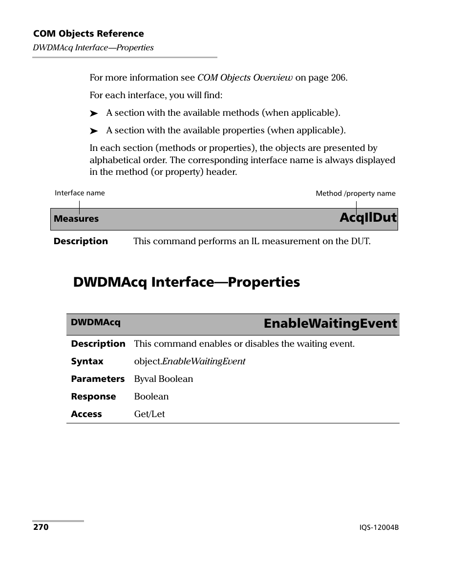Dwdmacq interface-properties, Dwdmacq interface—properties, Ge 270) | Enablewaitingevent, Acqildut | EXFO IQS-12004B DWDM Passive Component Test System for IQS-500 User Manual | Page 282 / 437