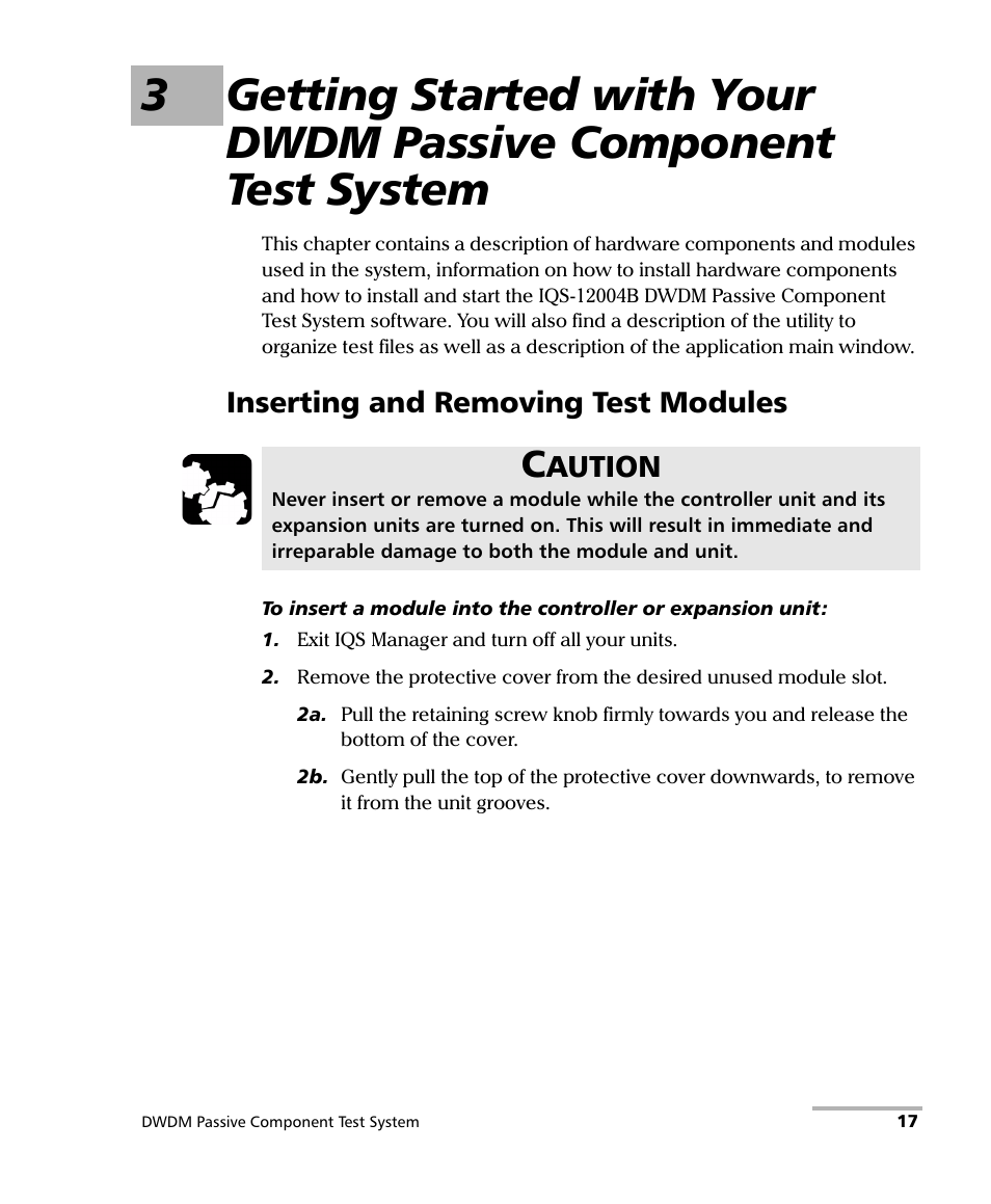 Inserting and removing test modules | EXFO IQS-12004B DWDM Passive Component Test System for IQS-500 User Manual | Page 29 / 437