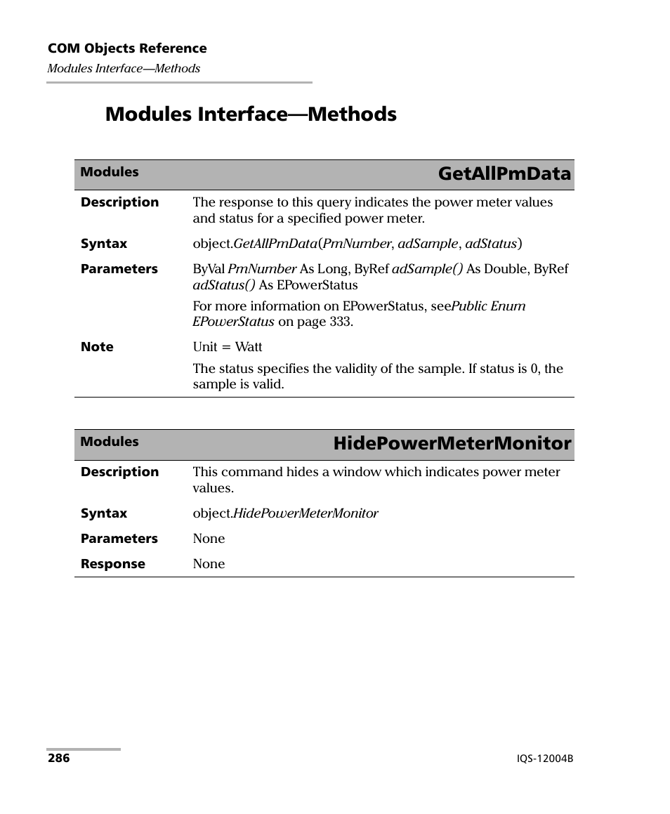 Modules interface-methods, Modules interface—methods, Getallpmdata | Hidepowermetermonitor | EXFO IQS-12004B DWDM Passive Component Test System for IQS-500 User Manual | Page 298 / 437