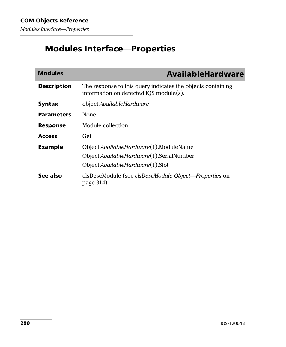 Modules interface-properties, Modules interface—properties, Availablehardware | EXFO IQS-12004B DWDM Passive Component Test System for IQS-500 User Manual | Page 302 / 437