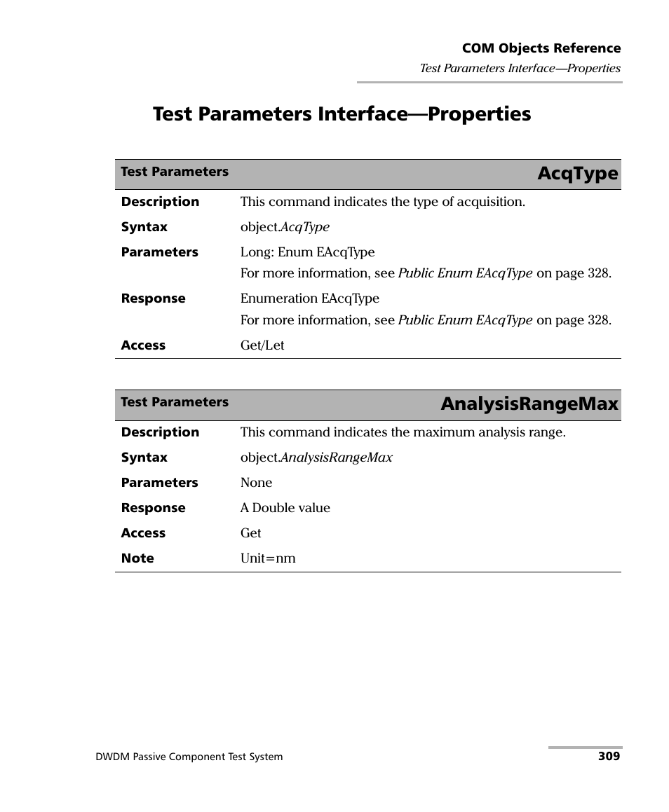 Test parameters interface-properties, Test parameters interface—properties, Acqtype | Analysisrangemax | EXFO IQS-12004B DWDM Passive Component Test System for IQS-500 User Manual | Page 321 / 437