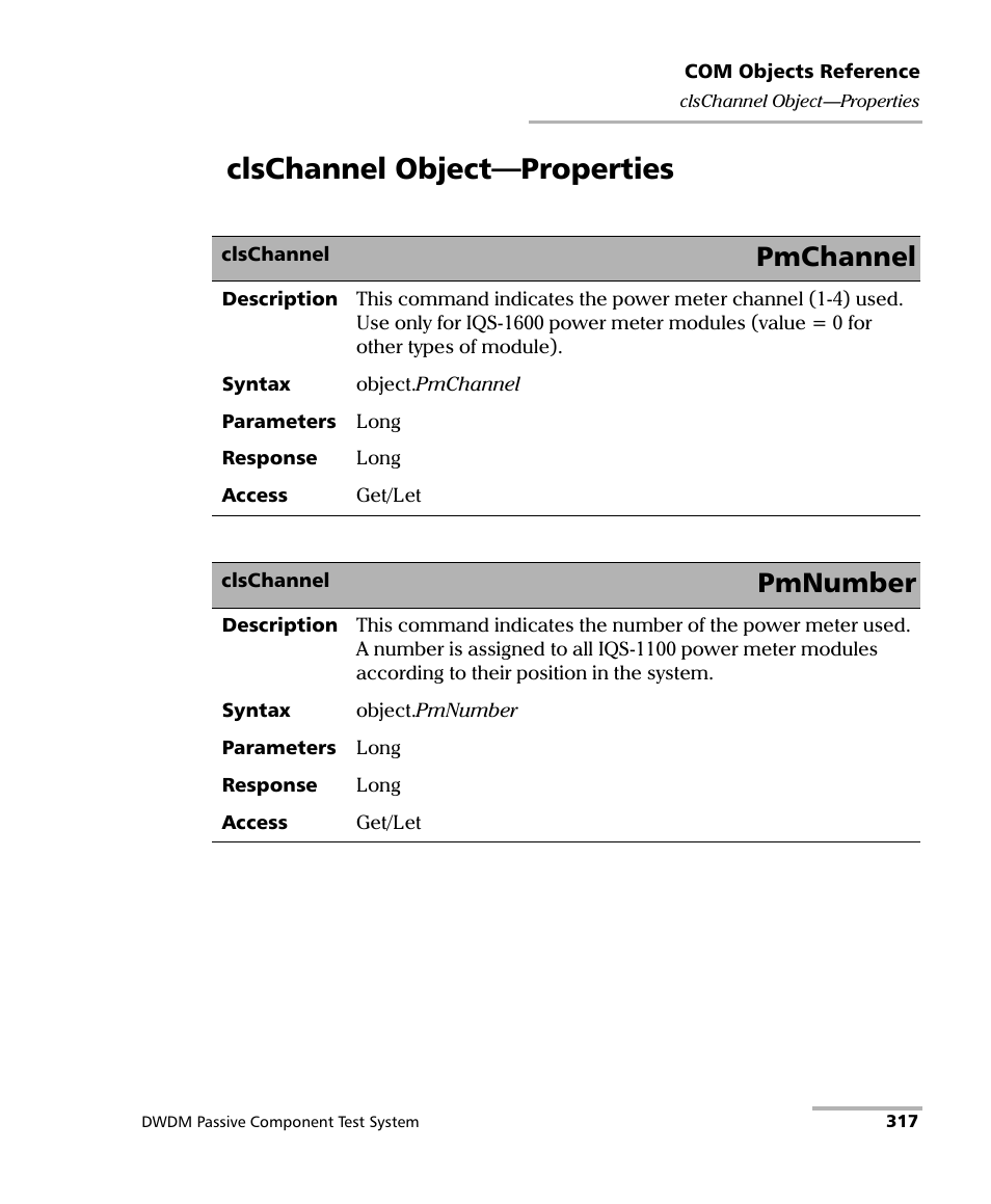 Clschannel object-properties, Clschannel object—properties, Pmchannel | Pmnumber | EXFO IQS-12004B DWDM Passive Component Test System for IQS-500 User Manual | Page 329 / 437