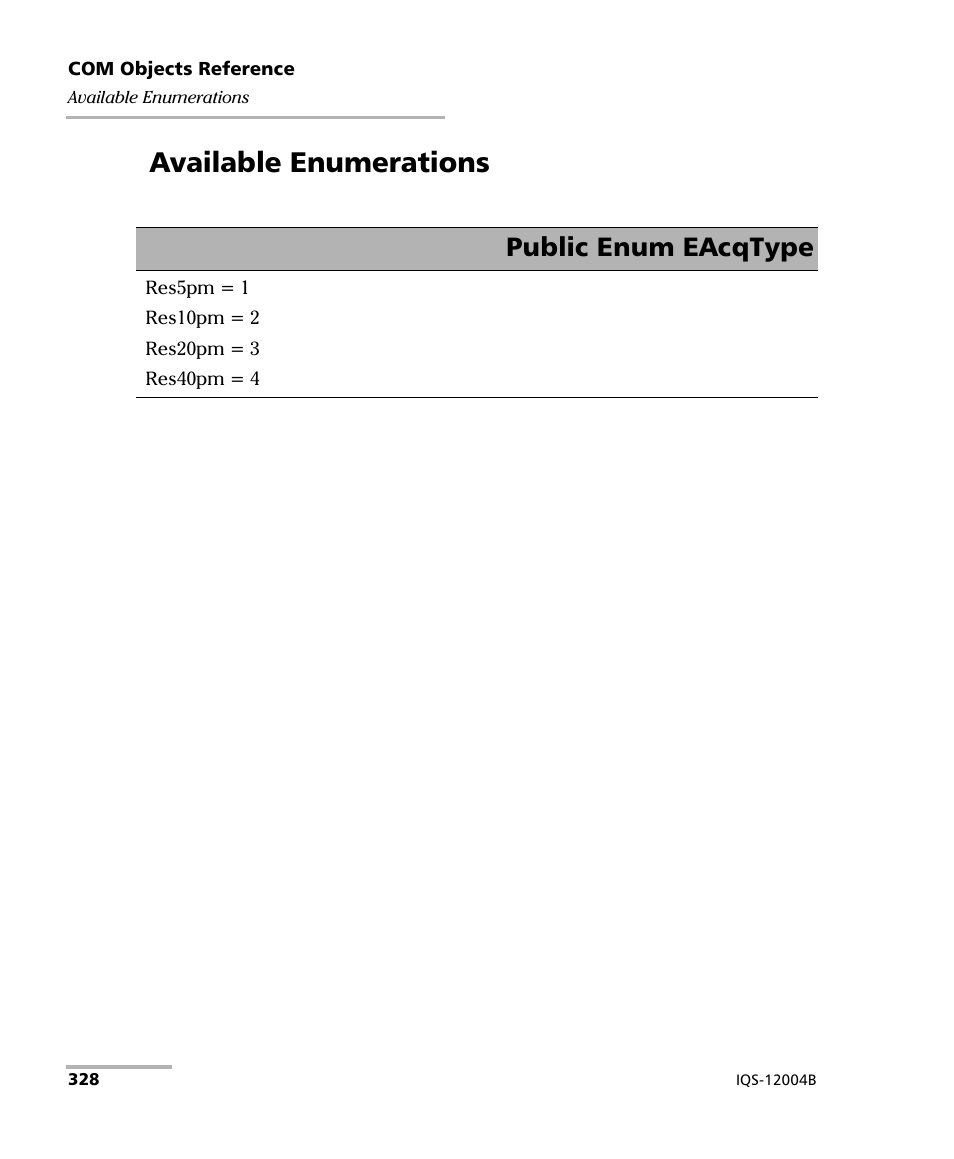Available enumerations, Public enum eacqtype | EXFO IQS-12004B DWDM Passive Component Test System for IQS-500 User Manual | Page 340 / 437