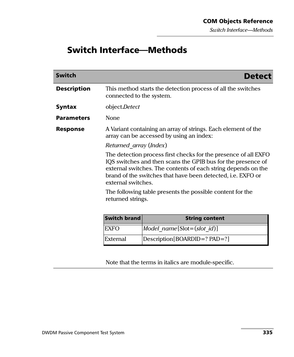 Switch interface-methods, Switch interface—methods, Ge 335) | Detect | EXFO IQS-12004B DWDM Passive Component Test System for IQS-500 User Manual | Page 347 / 437