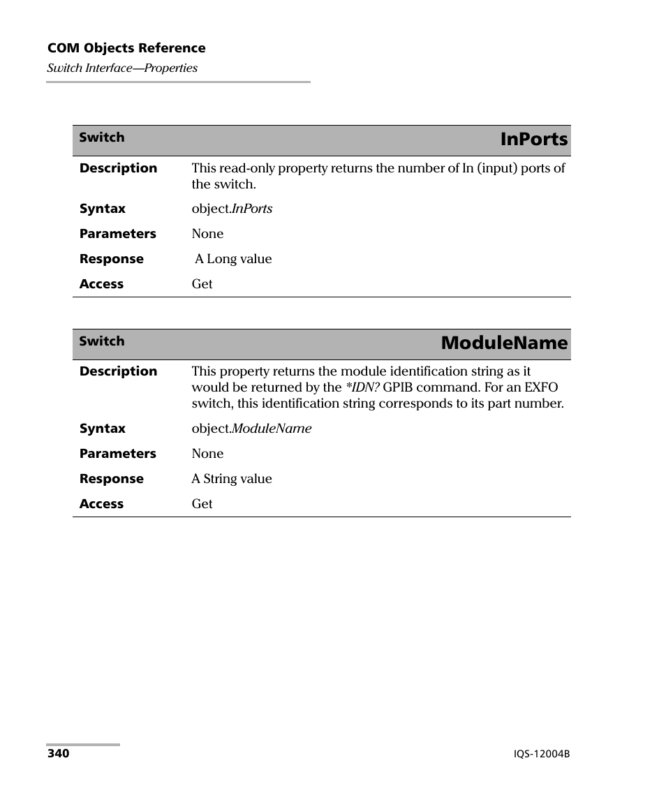 Inports, Modulename | EXFO IQS-12004B DWDM Passive Component Test System for IQS-500 User Manual | Page 352 / 437