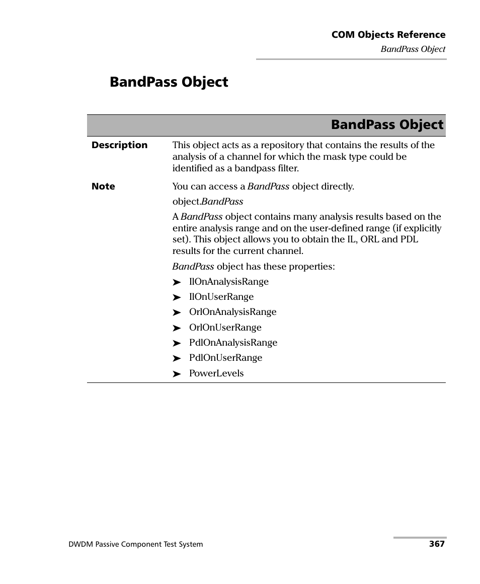 Bandpass object | EXFO IQS-12004B DWDM Passive Component Test System for IQS-500 User Manual | Page 379 / 437