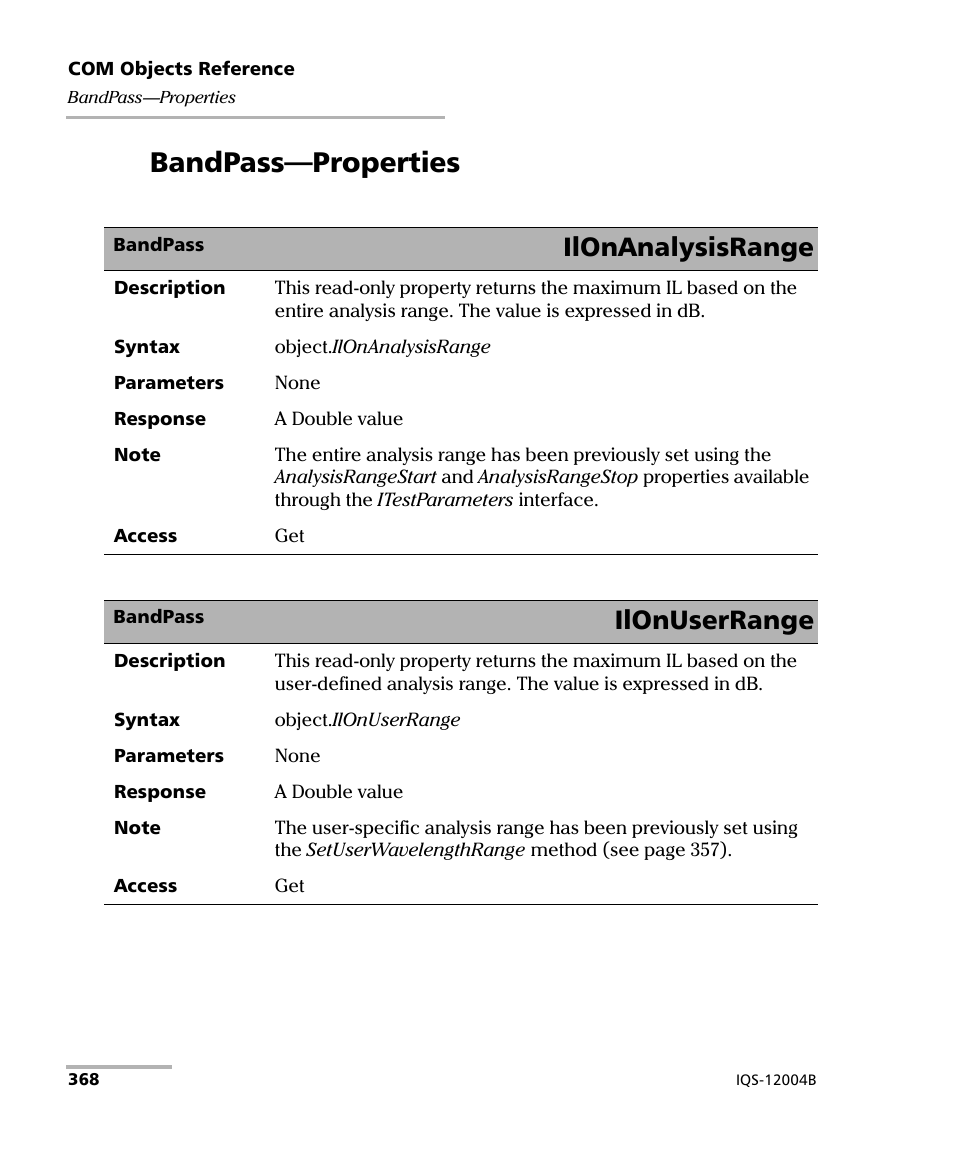 Bandpass-properties, Bandpass—properties, Ilonanalysisrange | Ilonuserrange | EXFO IQS-12004B DWDM Passive Component Test System for IQS-500 User Manual | Page 380 / 437
