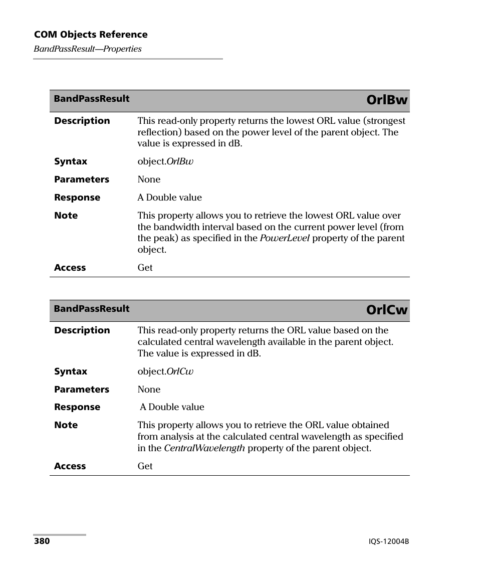 Orlbw, Orlcw | EXFO IQS-12004B DWDM Passive Component Test System for IQS-500 User Manual | Page 392 / 437