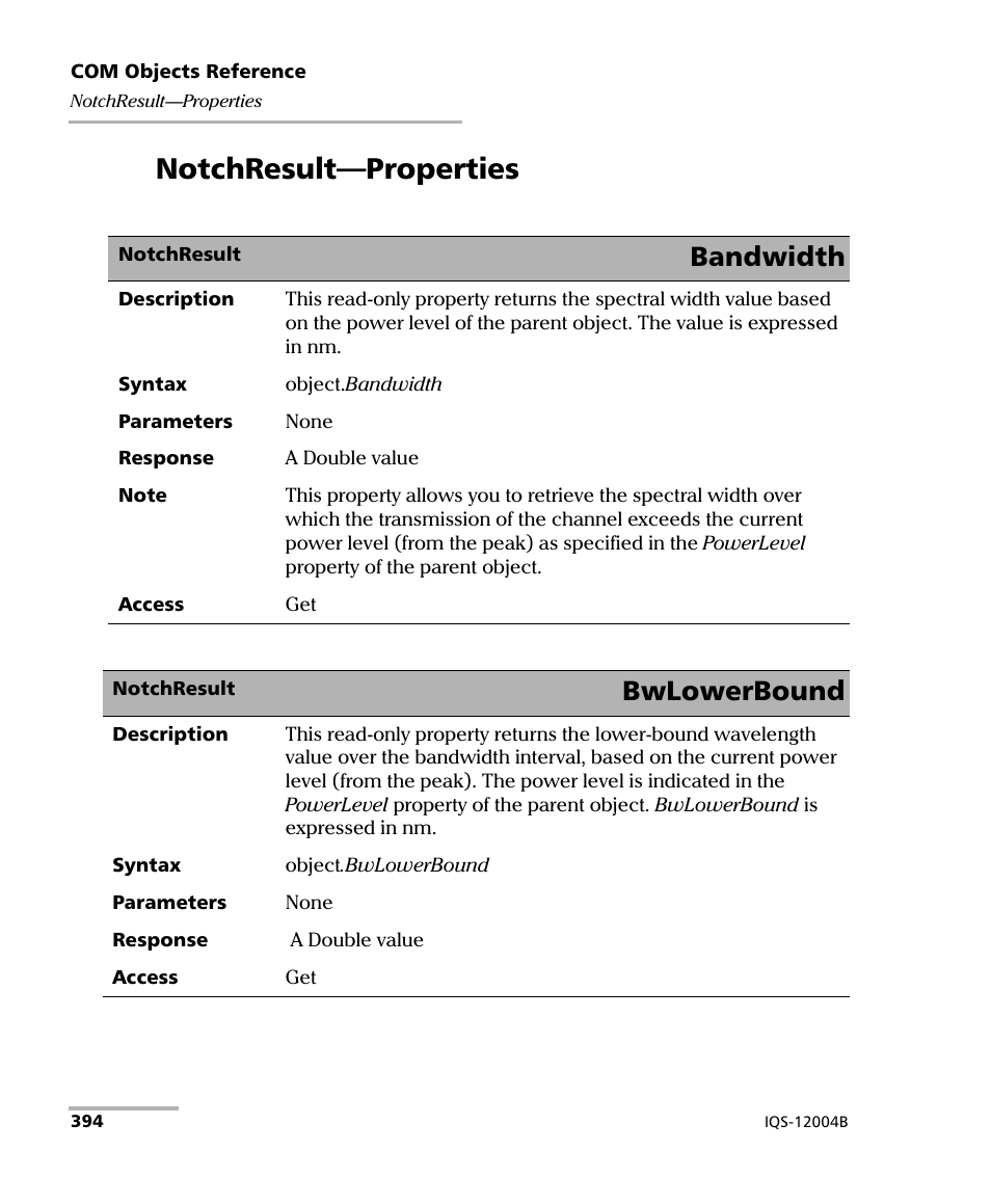 Notchresult-properties, Notchresult—properties, Bandwidth | Bwlowerbound | EXFO IQS-12004B DWDM Passive Component Test System for IQS-500 User Manual | Page 406 / 437