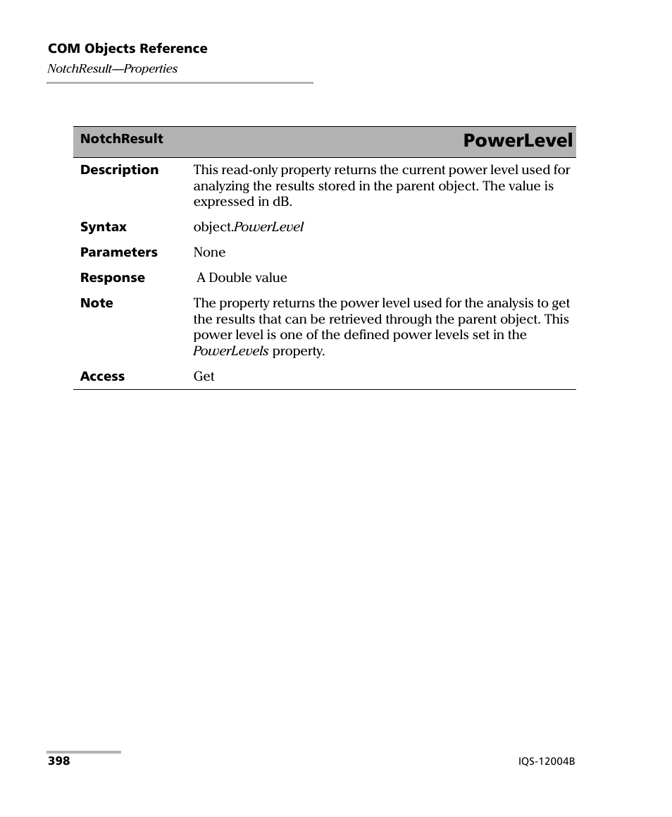 Powerlevel | EXFO IQS-12004B DWDM Passive Component Test System for IQS-500 User Manual | Page 410 / 437