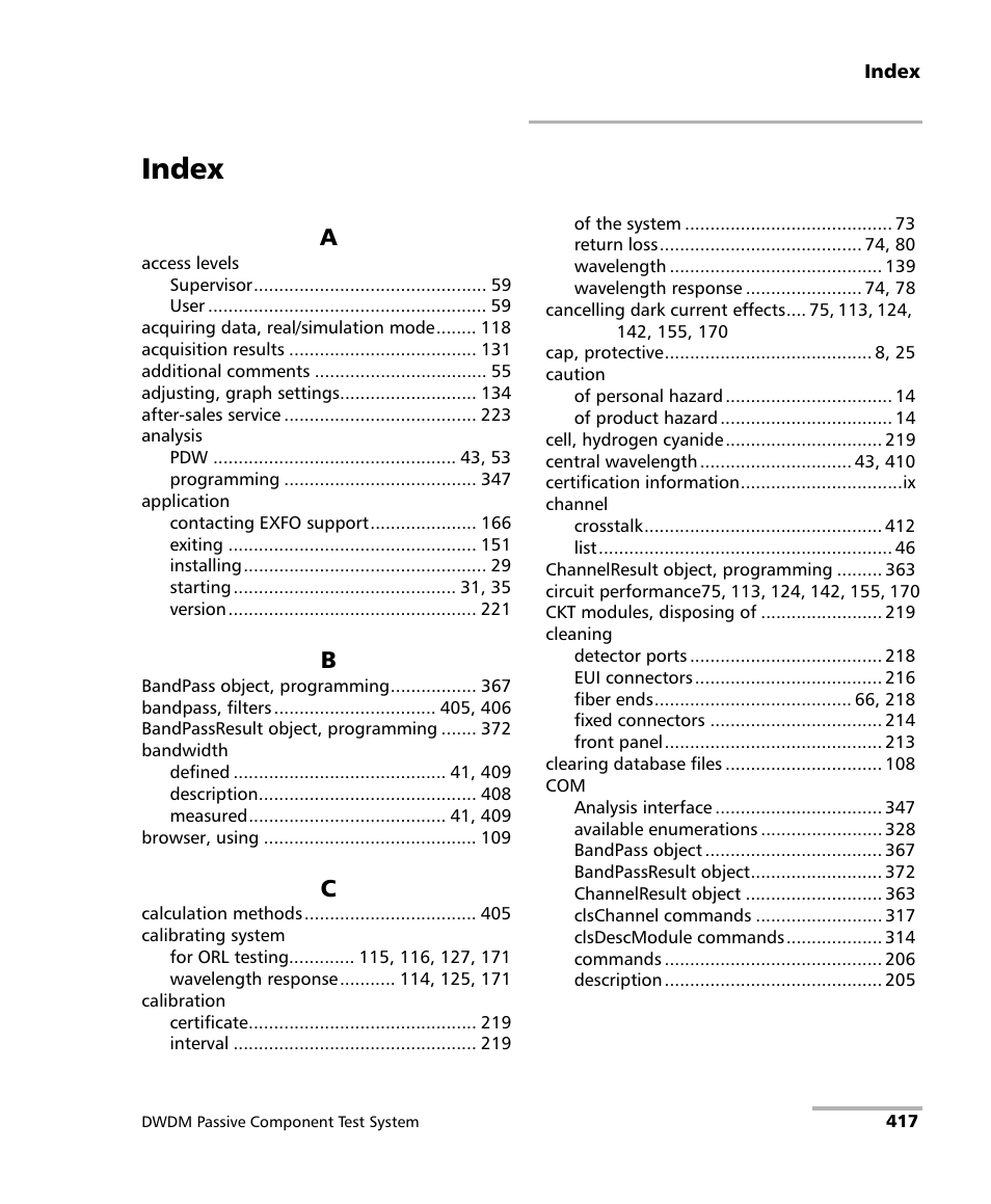 Index | EXFO IQS-12004B DWDM Passive Component Test System for IQS-500 User Manual | Page 429 / 437