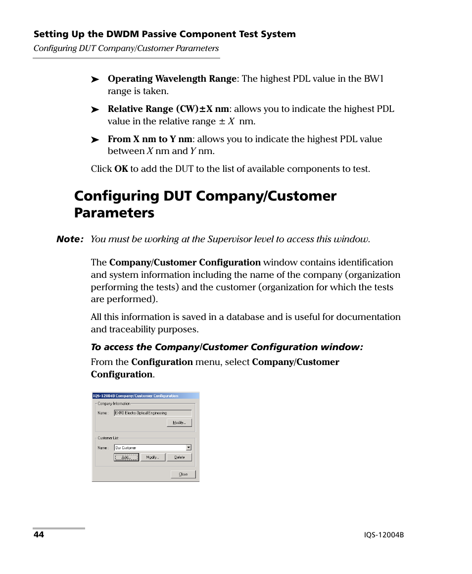 Configuring dut company/customer parameters | EXFO IQS-12004B DWDM Passive Component Test System for IQS-500 User Manual | Page 56 / 437
