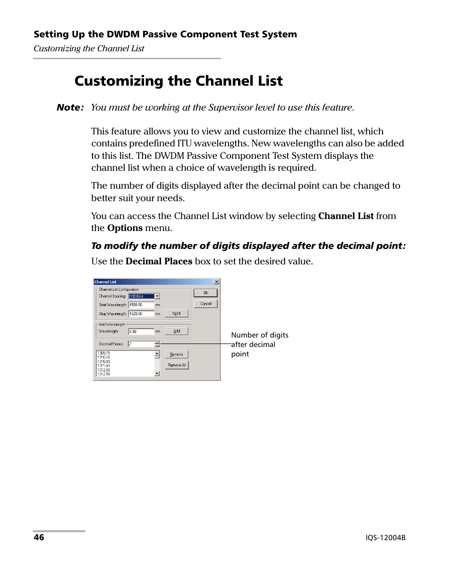 Customizing the channel list | EXFO IQS-12004B DWDM Passive Component Test System for IQS-500 User Manual | Page 58 / 437