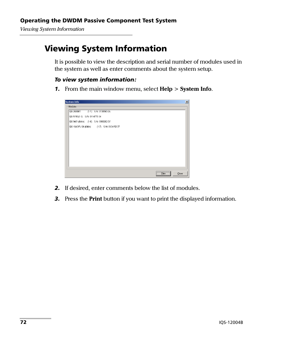 Viewing system information | EXFO IQS-12004B DWDM Passive Component Test System for IQS-500 User Manual | Page 84 / 437